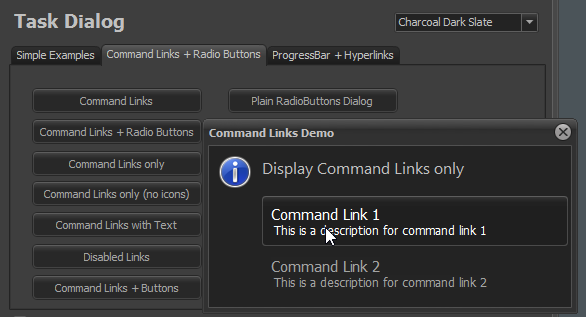CommandLinks demo (Charcoal Dark Slate)